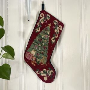 Vtg Red Green Needlepoint Christmas Stocking Wool Embroidery Gift Bear Tree